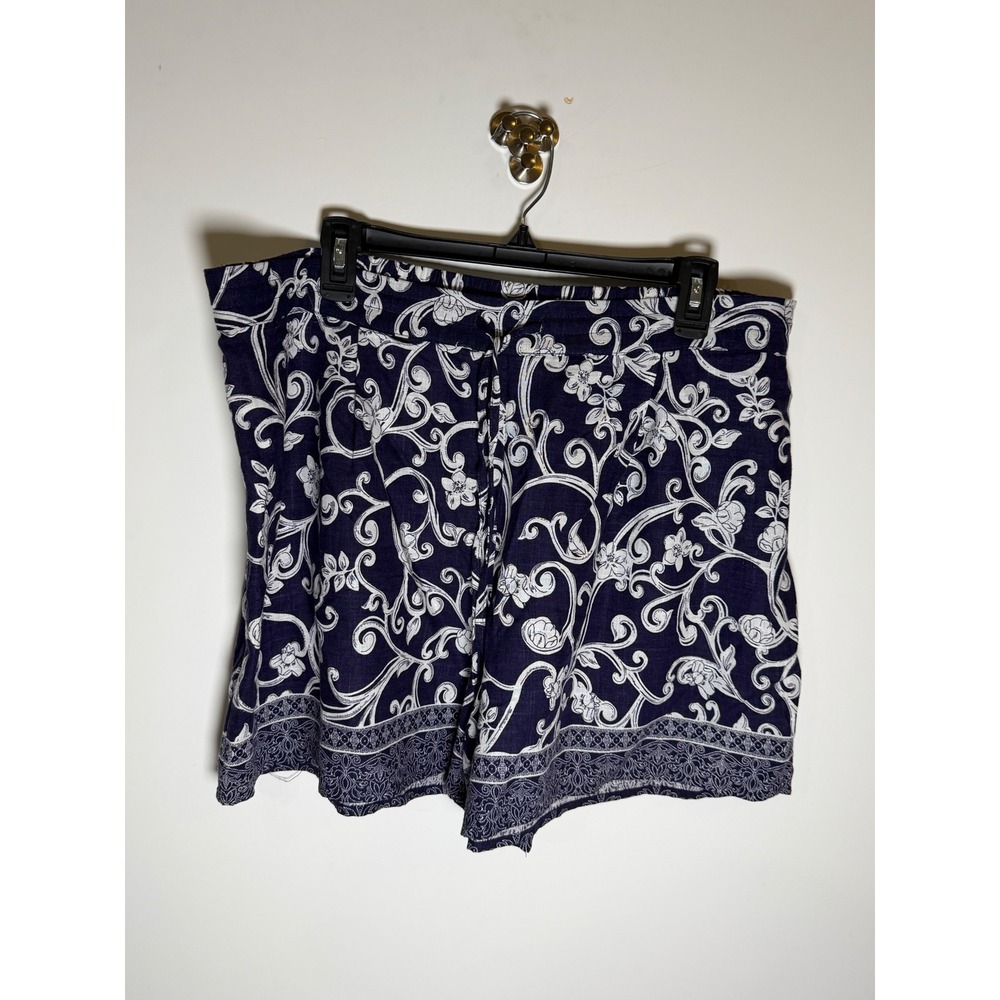 CeCe Navy Blue White Floral Scroll Linen Blend Shorts XL Boho Elastic Waist